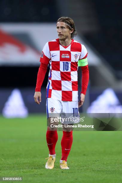 Luka Modric of Croatia looks on during the UEFA Nations League group stage match between Sweden and Croatia at Friends Arena on November 14, 2020 in...