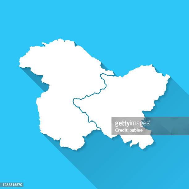 jammu and kashmir and ladakh map with long shadow on blue background - flat design - jammu and kashmir stock illustrations
