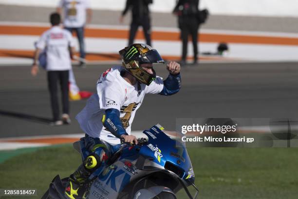 Joan Mir of Spain and Team Suzuki ECSTAR celebrates the victory of 2020 championship of MotoGp season at the end of the MotoGp race during the MotoGP...