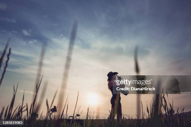 semi-silhouette of a cowgirl with a guitar and a suitcase in the landscape and a romantic sky - retro cowgirl stock pictures, royalty-free photos & images