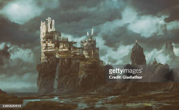 abstracte futuristische apocalyptische achtergrond - castle stockfoto's en -beelden