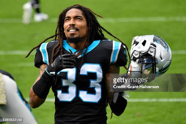 Tre Boston of the Carolina Panthers takes the field against the Tampa Bay Buccaneers prior to their NFL game at Bank of America Stadium on November...