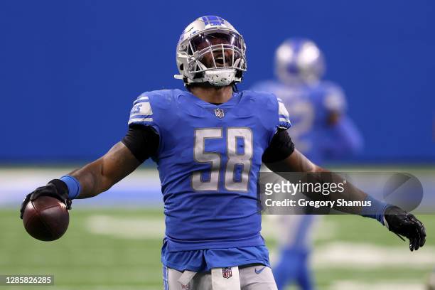 Jamie Collins of the Detroit Lions reacts following a fumble recovery in the second quarter during their game against the Washington Football Team at...