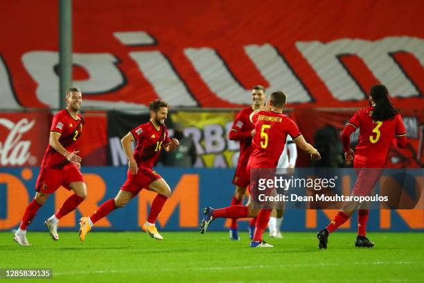 Dries Mertens of Belgium celebrates with teammates after scoring his team's second goal during the UEFA Nations League group stage match between...