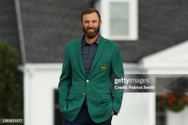 Dustin Johnson of the United States looks on during the Green Jacket Ceremony after winning the Masters at Augusta National Golf Club on November 15,...