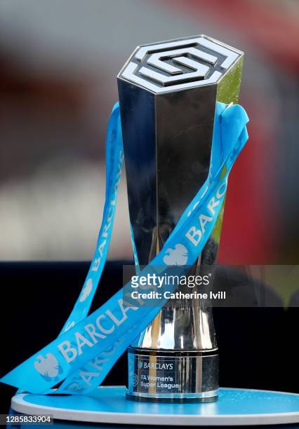 The Barclays FA Women's Super League trophy is seen prior to the Barclays FA Women's Super League match between Arsenal Women and Chelsea Women at...