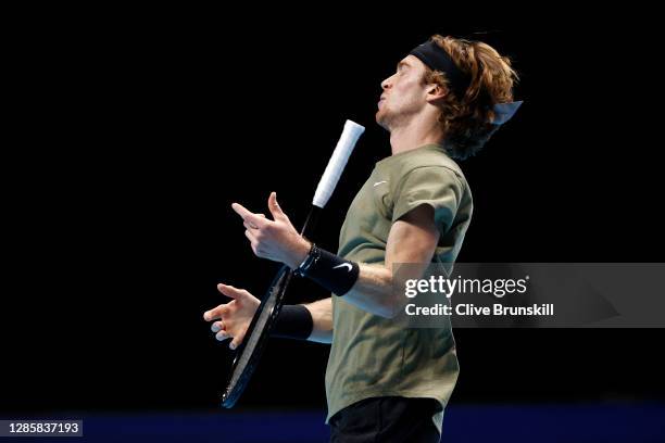 Andrey Rublev of Russia in action during his round robin match against Rafael Nadal of Spain during their first round robin match on Day one of the...