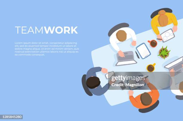 coworking teamwork at the table top view - coworker stock illustrations