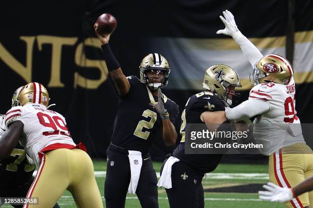 Jameis Winston of the New Orleans Saints attempts a pass during their game against the San Francisco 49ers at Mercedes-Benz Superdome on November 15,...