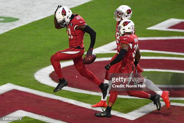 Cornerback Patrick Peterson of the Arizona Cardinals celebrates with teammates after intercepting a pass during the second half against the Buffalo...
