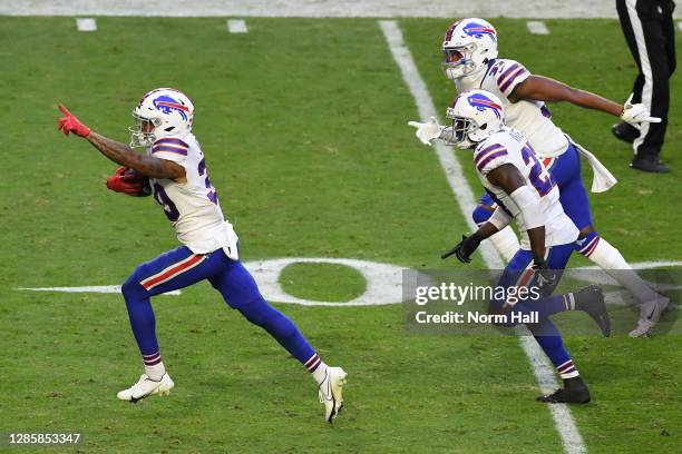 Cornerback Dane Jackson of the Buffalo Bills celebrates after recovering a fumble during the second half against the Arizona Cardinals at State Farm...