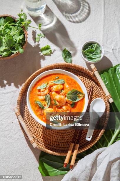 thai shrimps red curry soup gaeng phet gai in a white bowl - curry soup photos et images de collection