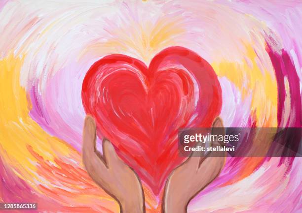illustrazioni stock, clip art, cartoni animati e icone di tendenza di due mani che tengono il cuore rosso. concetto di amore e cura. pittura acrilica. - accudire