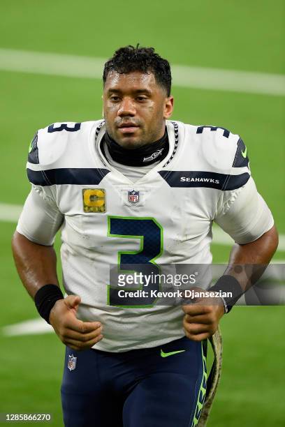 Quarterback Russell Wilson of the Seattle Seahawks leaves the field after their loss to the Los Angeles Rams at SoFi Stadium on November 15, 2020 in...