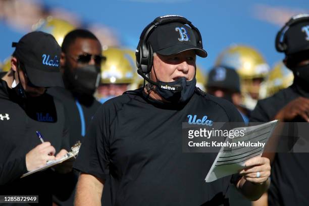 Head coach Chip Kelly of the UCLA Bruins looks on during the first quarter against the California Golden Bears at Rose Bowl on November 15, 2020 in...