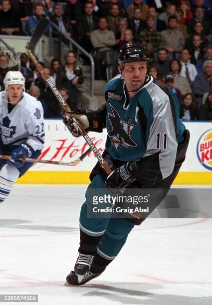 Owen Nolan of the San Jose Sharks skates against the Toronto Maple Leafs during NHL game action on November 15, 1999 at Air Canada Centre in Toronto,...