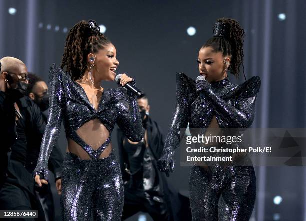 In this image released on November 15, Halle Bailey and Chloe Bailey of Chloe X Halle perform onstage for the 2020 E! People's Choice Awards held at...