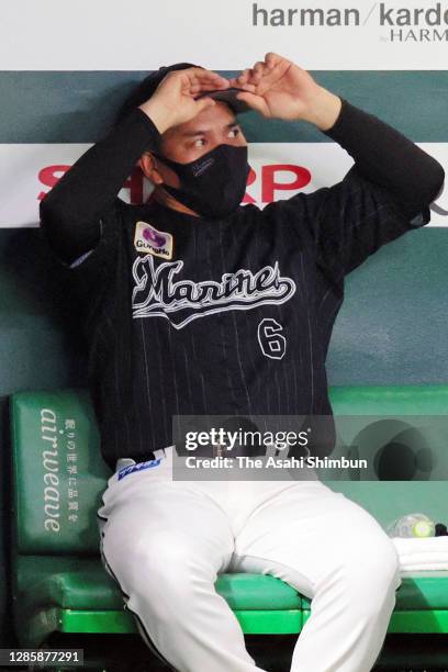 Head coach Tadahito Iguchi of the Chiba Lotte Marines is seen during the game two of the Pacific League Climax Series against Fukuoka SoftBank Hawks...