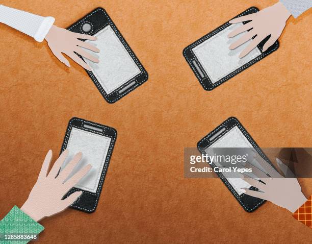 paper cut work art of various hands holding mobile devices