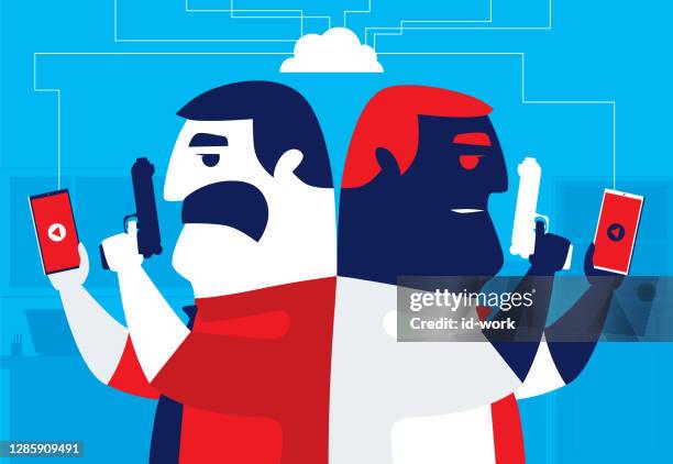 two businessmen competing with smartphone - defence technology stock illustrations