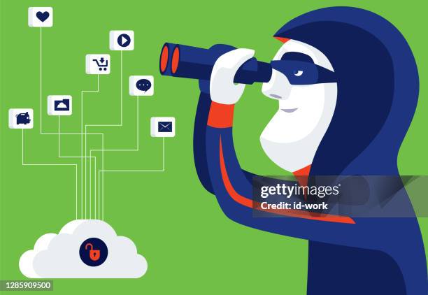 hacker spying data with unsafe cloud computing - fraud detection stock illustrations