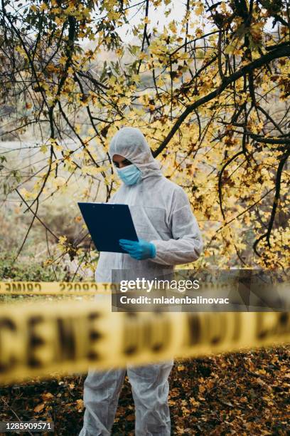 group of people, crime scene investigation, police and forensics doing their jobs, there is a dead body in the forest. - criminology stock pictures, royalty-free photos & images