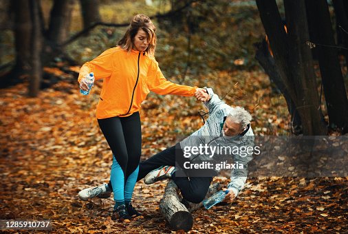Senior couple jogging in a forest and then... Senior couple jogging in a forest and then...