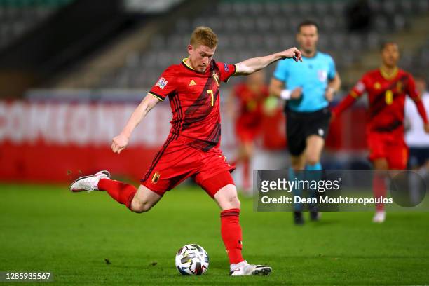 Kevin De Bruyne of Belgium shoots on goal during the UEFA Nations League group stage match between Belgium and England at King Power at Den Dreef...