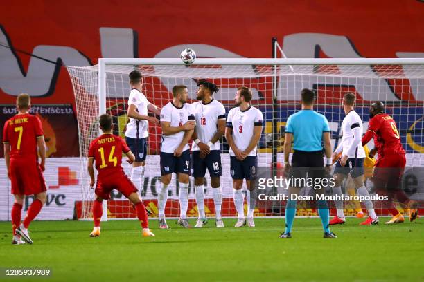 Dries Mertens of Belgium scores a goal direct from a free kickk past Goalkeeper, Jordan Pickford of England during the UEFA Nations League group...