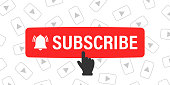 Subscribe button and hand cursor with play icons on background. Red button subscribe to channel, blog. Social media background. Marketing advertising. Vector illustration