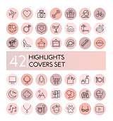 highlight vector illustration icons set. Social media collection of pink flat line covers for female account, blogger stories, lifestyle fashion elements, food and travel.