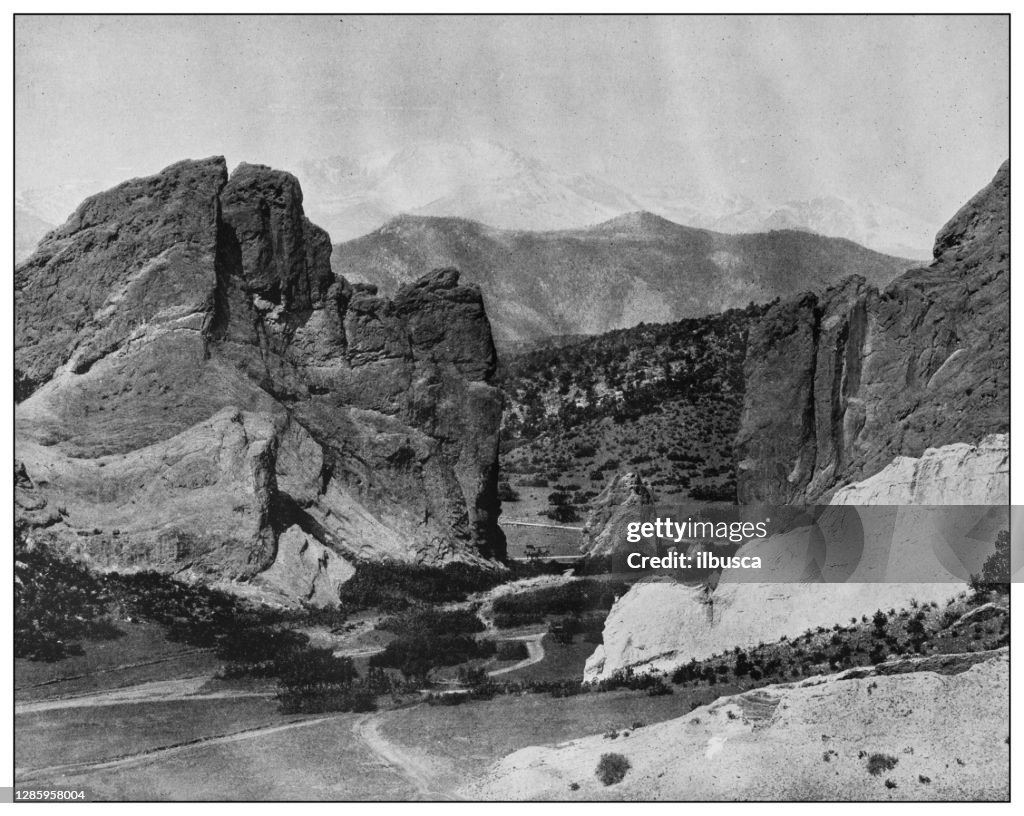 Antique black and white photo of the United States: Garden of the Gods and Pike's peak