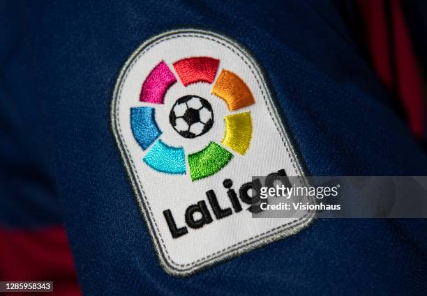 The logo of La Liga on the sleeve of a Barcelona home shirt on 13th November, 2020 in Manchester, United Kingdom.