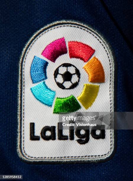 The logo of La Liga on the sleeve of a Barcelona home shirt on 13th November, 2020 in Manchester, United Kingdom.