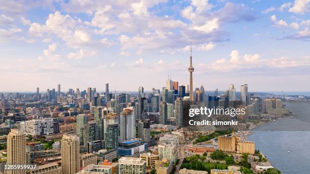 blick auf das stadtbild mit dem cn tower - toronto stock-fotos und bilder