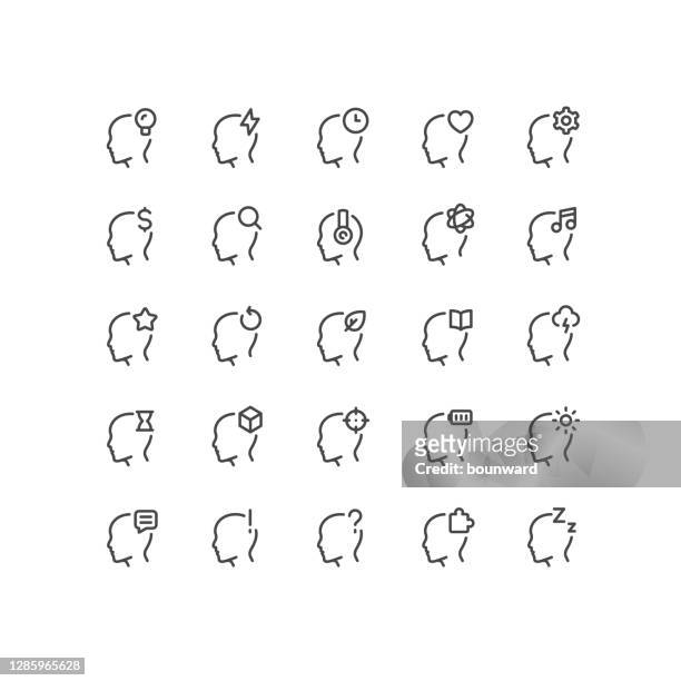 menschliche gehirn prozess linie symbole editierbaren strich - ausrufezeichen stock-grafiken, -clipart, -cartoons und -symbole
