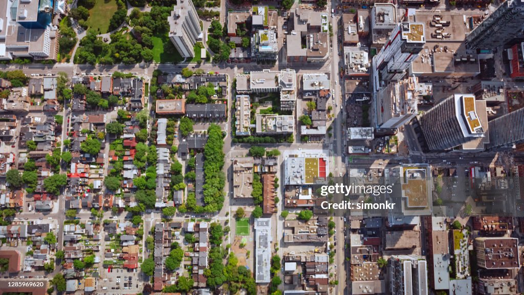 Overhead view of cityscape