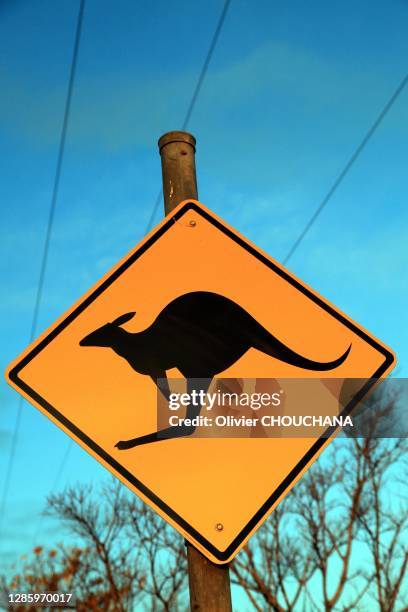 Signalisation routière annonçant des kangourous sur la route dans l'etat de nouvelle Galles du Sud,11 Juin 2018, Nouvelle Galles du Sud, Australie.