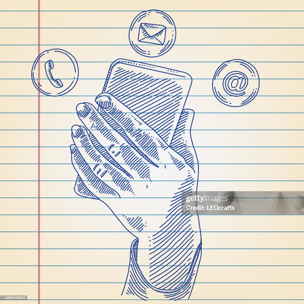 Using Handphone Drawing Hand Operating Smartphone Drawing On Ruled Paper High-Res Vector ...