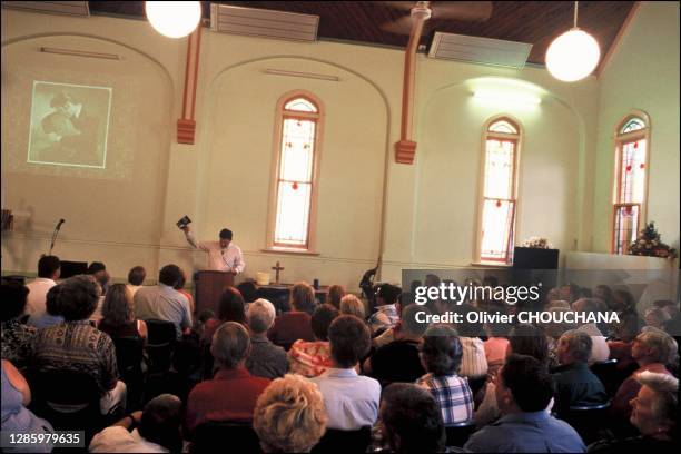 "Elvis Gospel Church service" at a Methodist church. The service is complete with projection of Elvis photos on the walls. The sermons of the...