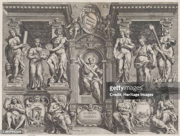 Allegorical thesis print with various figures, set in an architectural structure, 1608. Artist Philippe Thomassin.