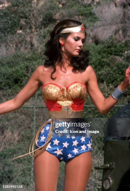 American actress, model, and former Miss World USA 1972, Lynda Carter plays Wonder Woman during Season 1, Episode 12, titled "Formula 407," which...