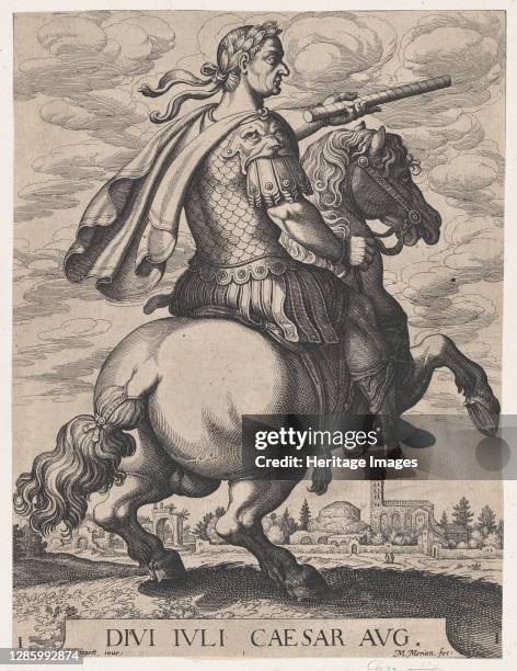 Emperor Julius Caesar on Horseback, from ' The First Twelve Roman Caesars', after Tempesta, 1610-50. Artist Matthaus Merian.