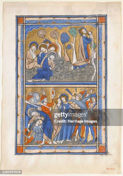 Manuscript Leaf with the Agony in the Garden and Betrayal of Christ, from a Royal Psalter, British, circa 1270. Psalter made for an English monarch,...