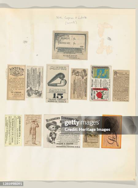 Album page with twelve tobacco coupons and labels, circa 1888. Toledo Tobacco Works Co., P. Lorillard Co., S. Jacoby & Co., H. Ellis & Co., and The...