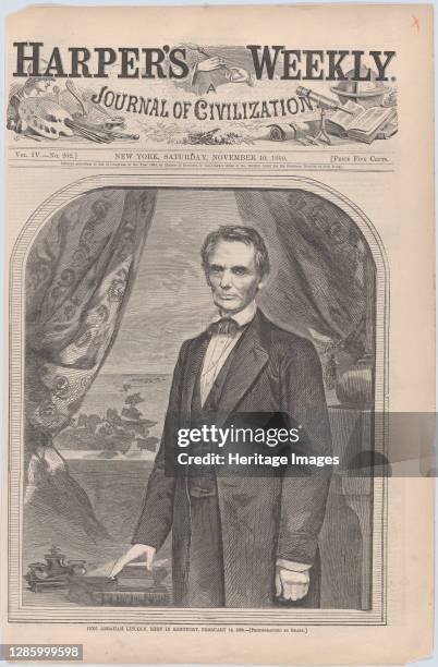 Abraham Lincoln, born in Kentucky, February 12 November 10, 1860. Formerly attributed to Winslow Homer, wood engraving after a photograph by Mathew...