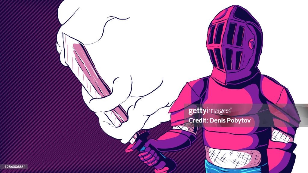 Hand-drawn cartoon banner illustration - Knight with sword in hand.