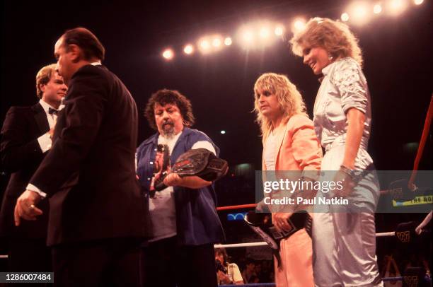 Ozzy Osbourne, Captain Lou Albano and Cathy Lee Crosby at Wrestlemania 2 at the Rosemont Horizon in Rosemont, Illinois April 7,1986.