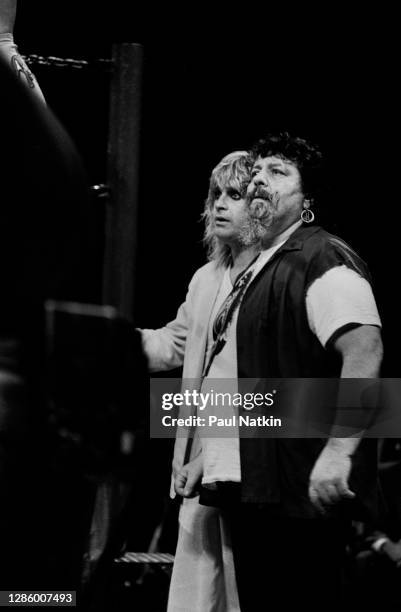 Ozzy Osbourne, Captain Lou Albano and Cathy Lee Crosby at Wrestlemania 2 at the Rosemont Horizon in Rosemont, Illinois April 7,1986.