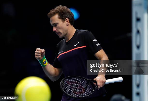 Bruno Soares of Brazil celebrates after winning match point playing with partner Mate Pavic of Croatia during their doubles match against Jurgen...